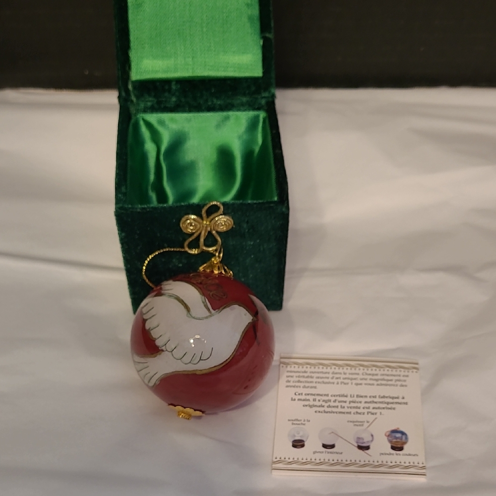 Pier 1 Li Bien Hand Painted Peace Dove 2012 Ornament Blue Green Box  Red Gold